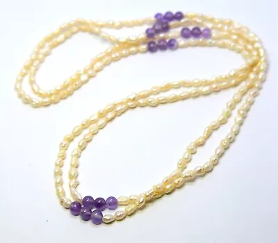 Vintage White Freshwater Pearls Baroque Shaped & Purple Amethyst Necklace • $6.99