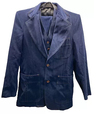 VTG 70s Sears Denim 3 Piece Suit Soft Cotton Disco Retro Teen Men's Sz 34 Reg • $120