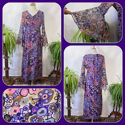 Vintage 1960s 1970s Purple Psychedelic Polyester Maxi Dress Size 12 Approx • £45