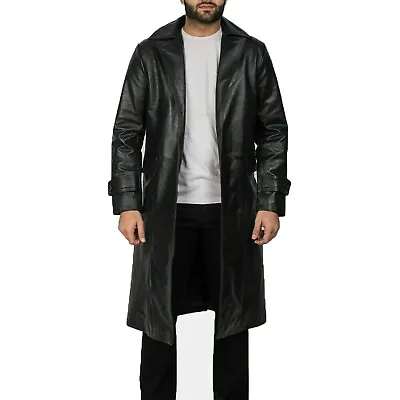 Men's Real Leather Black Trench Knee Length Duster Coat   • $144