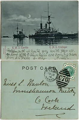 1900 NAVY PPC SHIPS HMS TERRIBLE + TRAFALGAR COSHAM To CORK IRELAND MESSAGE BOER • £75