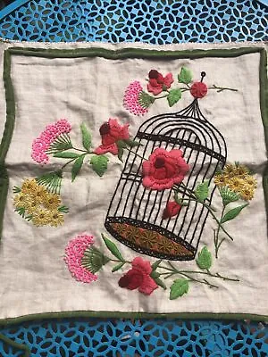 Vtg Crewel Finished Embroidery Floral Birdcage Pillow Cover MCM Pink Green EUC • $25.25