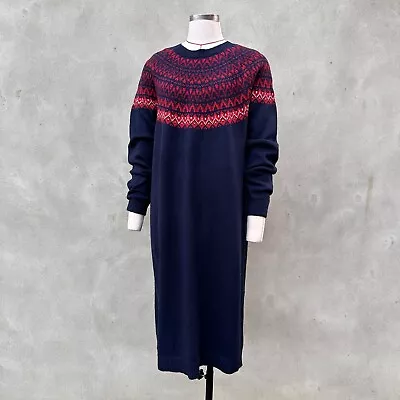 Woolovers Jumper Dress Midi Fair Isle XL Navy Red Wool KnittedLong Sleeve • £40