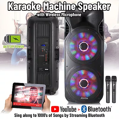 FT Double 15  Bluetooth Karaoke Machine PA Speaker 1600W Lights Wireless Mics • £269