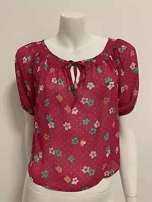 $19.95 • Buy FREE POST HOLLISTER Sz 10/S Semi Sheer Pink Short Sleeve Crop Top/blouse AS NEW