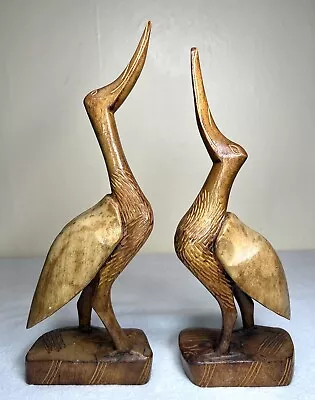 $39.99 • Buy Vintage Hand Carved Wooden Herons Birds Skinny Legs Long Beaks Seaside Decor 12”