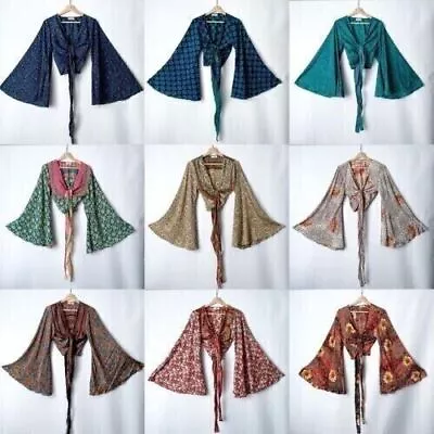 Wholesale 15 Pc Indian Vintage Silk Sari Bell Sleeve Crop Top Retro 60s Clothing • $267.41