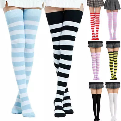 1/2x Womens Extra Long Cotton Stripe Thigh High Socks Over The Knee High Socks • £5.42