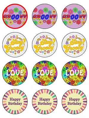 Groovy 70s Flowers Colour Edible Toppers Wafer Or Icing Cupcake X 12 Decorations • £5.91
