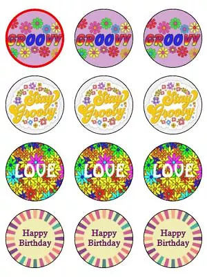 Groovy 70s Flowers Colour Edible Toppers Wafer Or Icing Cupcake X 12 Decorations • £5.91