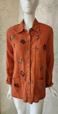 Vintage SANDY STARKMAN Orange Indian Cotton Embellished Shirt Jacket Size Small  • $39.95