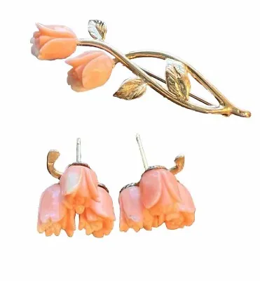 VTG Carved Angel Skin Pink Coral Set Earrings Brooch Pin Roses Flower 24K Gold • $143.97