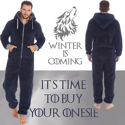 Mens Sherpa Snuggle Fleece 1Onesie1 All In One Piece Pyjamas Loungewear Navy UK • £24.29