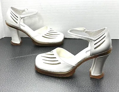 Vintage Platform Heels White Leather Ankle Strap Women’s Shoes Size 6.5 US- NEW! • $50