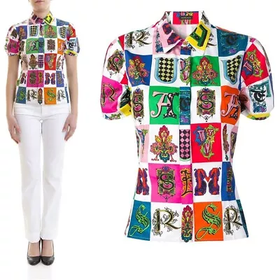 42 NEW $850 VERSACE White Cotton Vivid GOTHIC BAROQUE ALPHABET PRINT Blouse TOP • $395