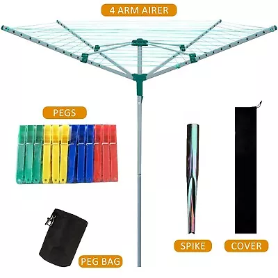 Rotary Airer 50m Outdoor 4 Arm Clothes Washing Line Dryer Ground Spike & Cover • £22.85