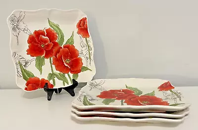 Maxcera Red Poppy Hand Painted Porcelain 11.5  Square Dinner Plates Set Of 4 • $48