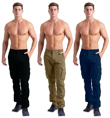 Cargo Combat Trousers Mens Outdoor Hiking Casual Multi Pockets Cotton Work Pants • £15.95