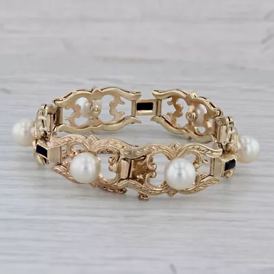 Vintage Mikimoto Cultured Pearl Glass Ornate Bracelet 14k Yellow Gold 6  12.2mm • $2499.99