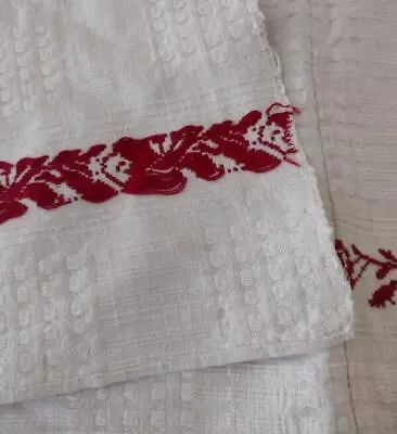 £29.01 • Buy Antique French Homespun Tablecloth Red Embroidered Flowers Woven Fabric