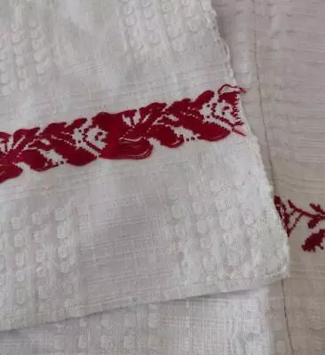 £29.01 • Buy Antique French Homespun Tablecloth Red Embroidered Flowers Woven Fabric