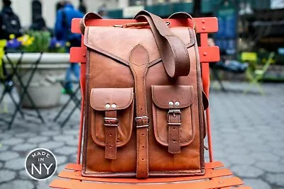 Satchel Leather Messenger Rucksack Genuine Vintage Brown Travel Backpack Bag • $50.35