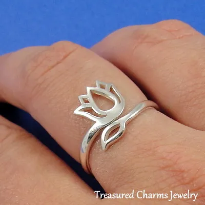 $23.95 • Buy Sterling Silver Lotus Flower Ring - Adjustable Ring - Yoga Namaste Jewelry
