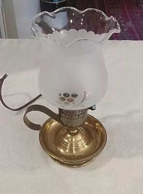 Vtg Brass Bedside Table Lamp Frosted Glass Shade Ruffled Edges Etched Grapes 9   • $12