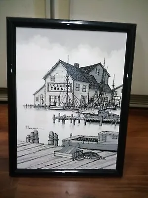 H. Hargrove Black & White  Lobster Shanty  AP Painting 12x16 Maine Marina Coast  • $295