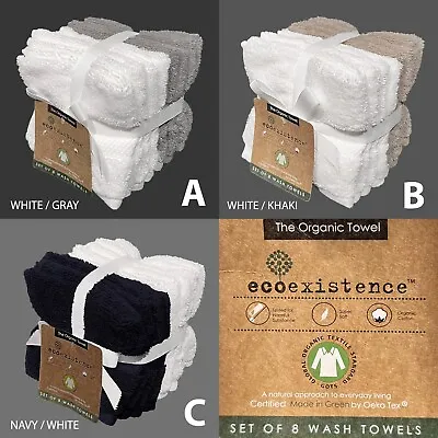 SET OF 8 New Ecoexistence Soft Organic Wash Towels White Gray Khaki Navy Blue • $24.99