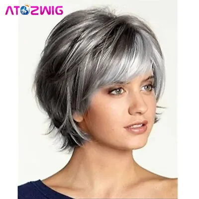 Fashion Short Gray White Hair With Black Mixed Wig With Bangs Mom Wig Synthetic • $17.47