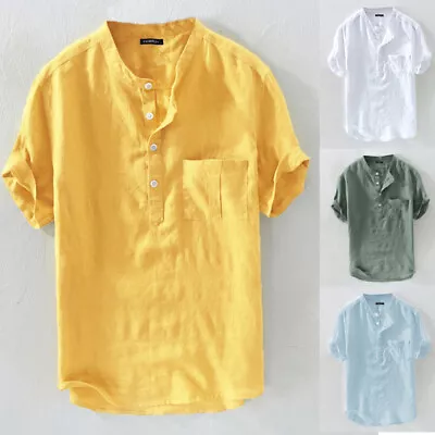 Mens Linen Cotton Short Sleeve Button Up Shirts Chest Pocket Solid Blouse Tops〕 • $12.22