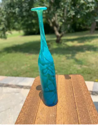 MDINA MING TURQUOISE BOTTLE VASE 13.5”  Signed Hand Blown Art Glass Malta Tall • $1200