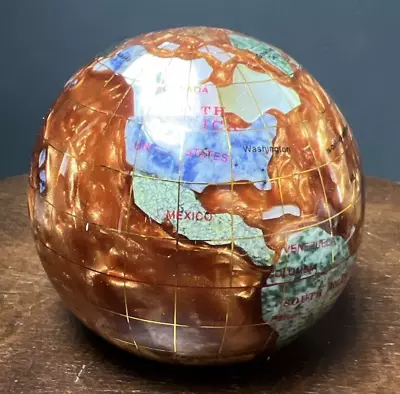 Copper Art Gemstone Globe Desk 3  Paperweight Semi Precious Stone World Earth • $21.56