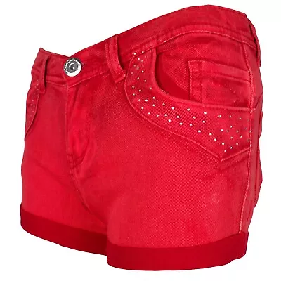 Denim Shorts Womens Girls Sexy Jean Hot Pants Pink Red Diamante Ladies Low Waist • £2.99