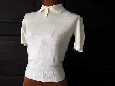 VTG 50s Ivory Orlon Peter Pan Collar Rockabilly High Neck Stretch Sweater Sz S • $39.95