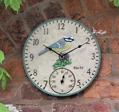 Garden Wall Clock Thermometer Outdoor Indoor 12 Inch Bird Blue Tit Birds Design • £18.95