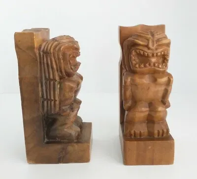 Vintage~MCM~Hawaiian~Tiki~Solid Wood~Hand-Carved~Bookends~Boho~Mid Century~7.75  • $55.24