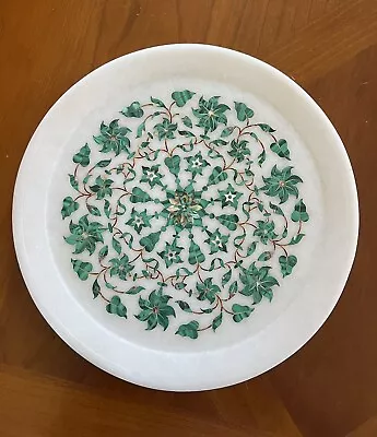 White Marble Serving Plate Mosaic Real Malachite Floral Inlay 9 7/8” • $182