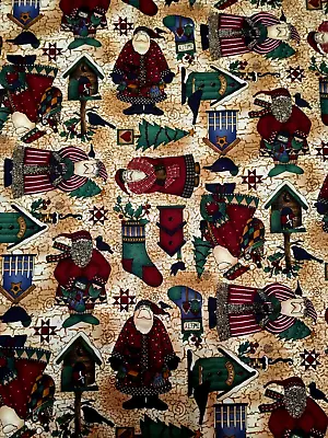 Vtg Debbie Mumm Christmas Fabric Santa Birdhouse Tree Stocking Cotton 1.56 Yds • $10