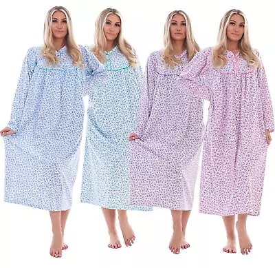 Women Cotton Long Nightdress Thermal Floral Button Long Sleeve Soft Nightwear • £12.95