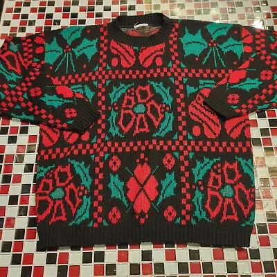 Vtg 80's 90's Cabin Creek Christmas Sweater Red Green Geometric MISTLETOE Floral • $29.99