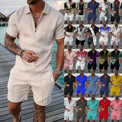 Mens Summer Co-ord Set Zip Polo Shirts Shorts Hawaii Beach Outfit Sweatsuit 2PCS • £15.29