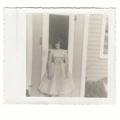 Cute Woman Sanding Outside Door Party Dress Big Bow 1960s Vintage Snapshot Photo • $4.20