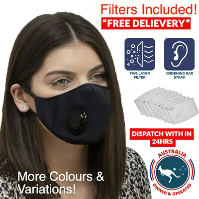 Adults Reusable Washable Anti-Dust Cloth Cotton Face Mask Breath Valve &Filters. • $5.50