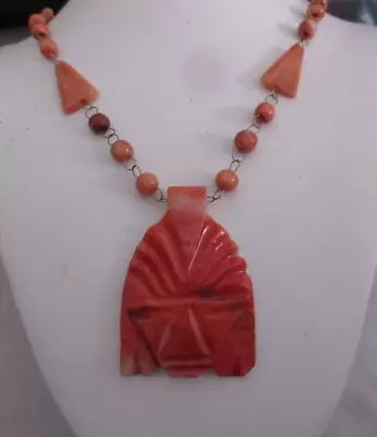 Vintage Pink / Salmon Stone Mayan / Aztec Face Pendant Mexican Beaded Necklace • $22
