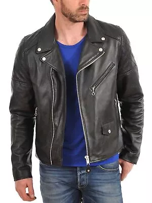 New Leather Jacket Mens Biker Motorcycle Real Leather Coat Slim Fit Black #1049 • $118