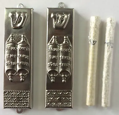 Judaica Jewish Israel: 2 Small Metal Mezuzah Cases + 2 Kosher Mezuzah Scroll 6cm • $139