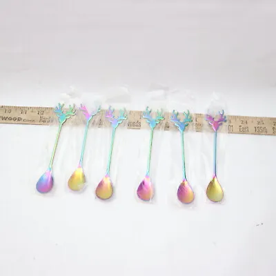 (6-Pk) Christmas Elk Coffee Spoon Rainbow Stainless Steel 8126166546 • $1.84