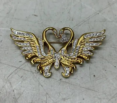 Vintage Nolan Miller Clear Crystal Swans/Heart Gold Plated Brooch/Pin • $13.95